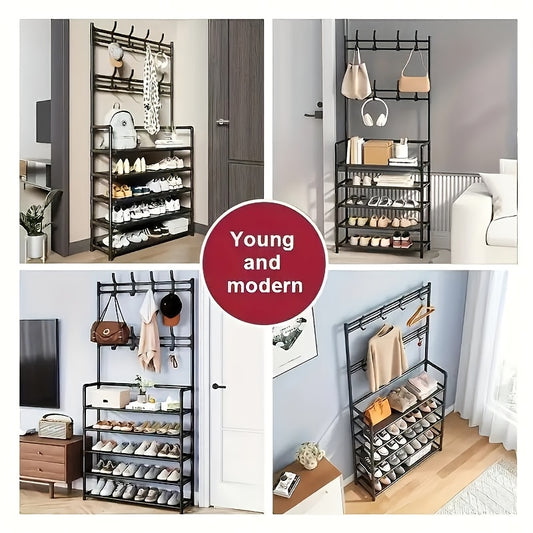 23.62 Inch/172cm 5-Tier Multi-Functional Storage Rack with 8 Double Hooks, Multi-Functional Clothes Hanger and Shoe Rack, Self-Assembly Shoe Rack Storage Box for Living Room, Bathroom, Hallway