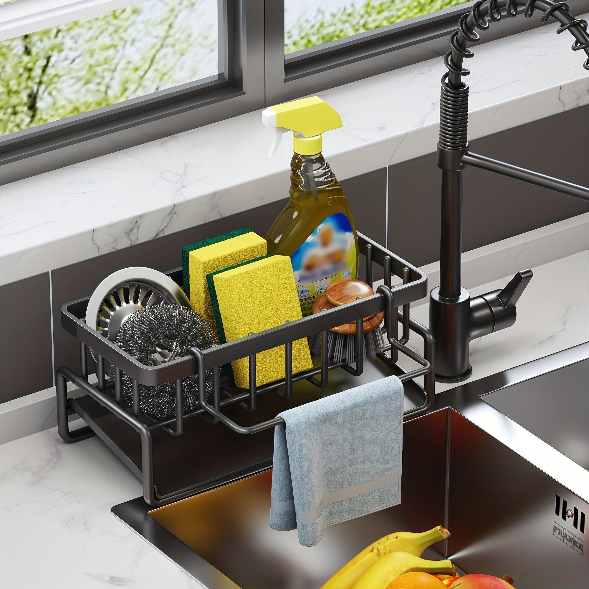 Carbon Steel Sink Caddy with Drain Tray & Divider – Heavy Duty Black Kitchen Sink Organizer, Rust Resistant Sponge Holder, Brush Holder & Countertop Rack for Kitchen Storage