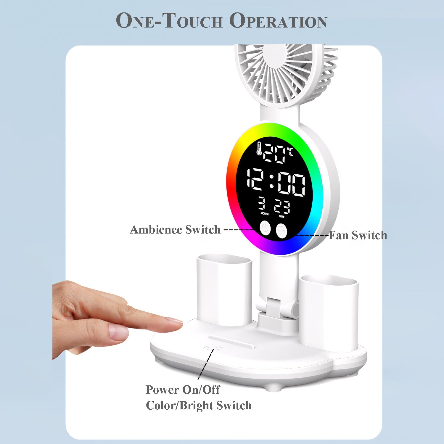 LED Desk Lamp for Study with LED Light, Built-in Fan, Time & Date Display, Temperature Display, Pen Holder Organizer, Touch Control, USB Powered (none rechargable) Multifunction Reading Lamp, Adjustable Brightness Eye-Care Table Lamp