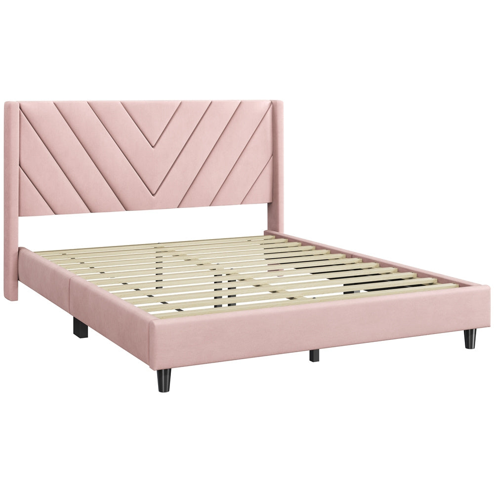 Upholstered Platform Bed with Tufted Headboard Wing Edge Wooden Slats Queen Full Bed Frame 800lb Capacity Beige Dark Gray Light Gray Pink - Canada