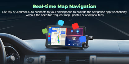 Lamtto 7 Inch Portable Wireless CarPlay Screen – Android Auto, GPS Navigation, Mirror Link, Voice Control, AUX & FM, 360° Suction Mount, 12–36V Universal for Cars Trucks SUVs Vans (Black)