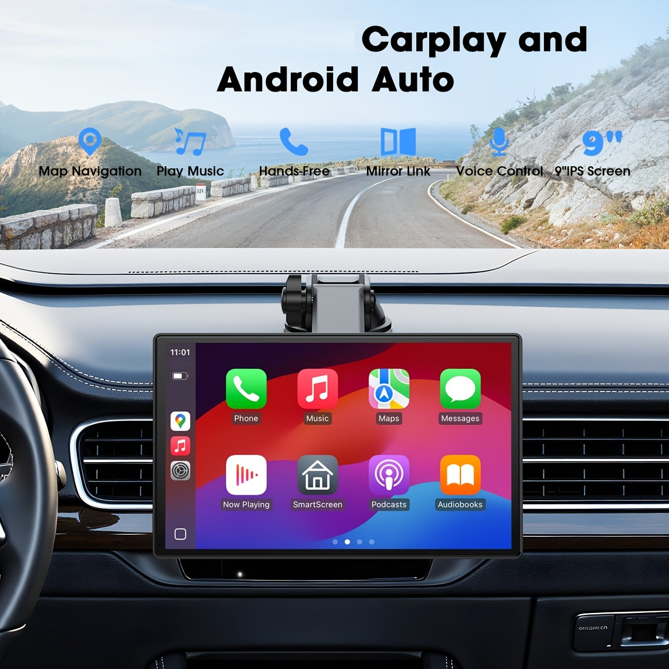 9-Inch Wireless CarPlay Screen for Car Android Auto GPS Navigation, 1080P Backup Camera Bluetooth Mirror Link Voice Assistant FM AUX Airplay – Portable Car Stereo Display