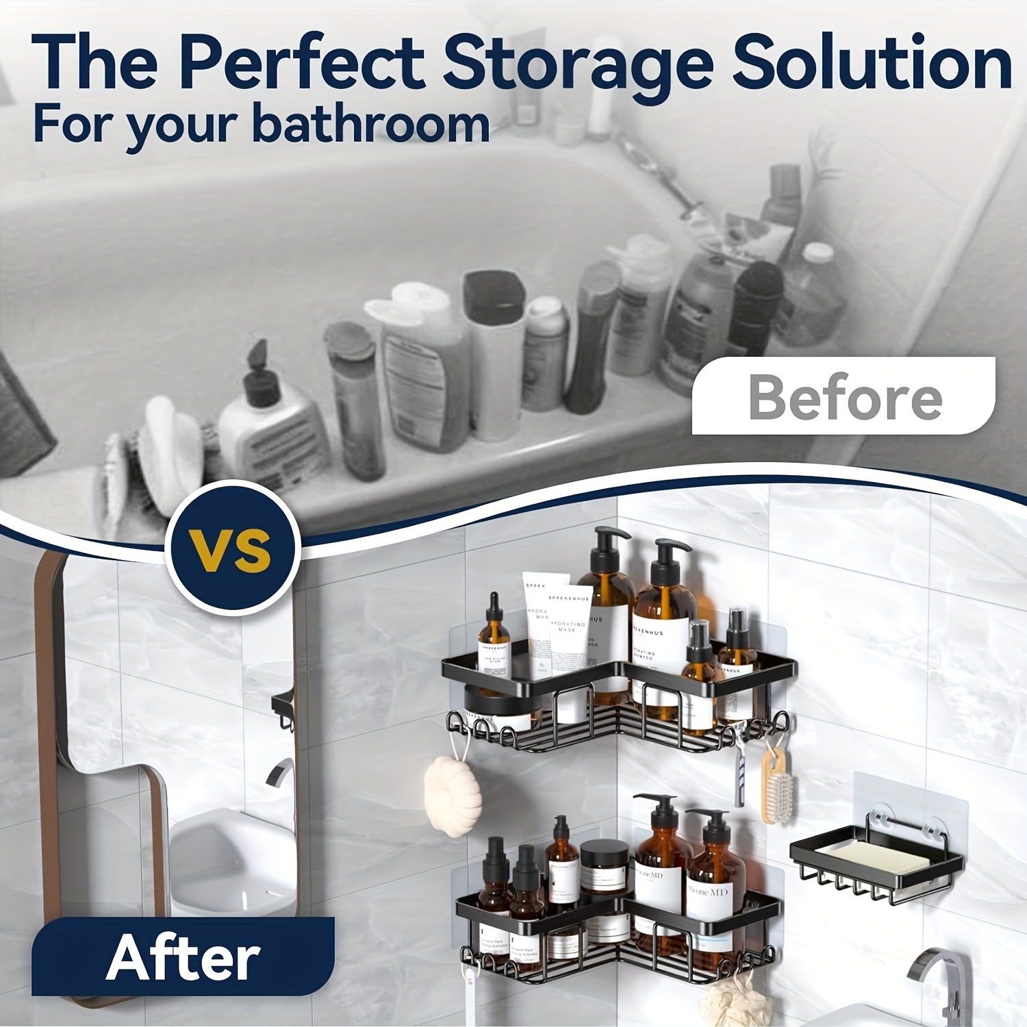 Shower Caddy 3-Pack Wall Mounted Corner Shower Organizer with Soap Holder & 8 Hooks - No Drilling Bathroom Shelf for Shampoo, Conditioner & Kitchen Countertop Storage