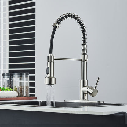 LED Spring Kitchen Faucet with Pull-Down Sprayer – 360° Rotation, Single Handle High Arc, Hot & Cold Mixer, Deck Plate Included, Brushed Nickel / Matte Black / Brushed Gold