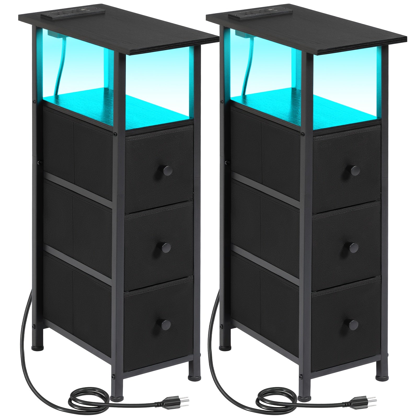 AMHANCIBLE Narrow End Table 2pcs with Charging Station, Slim LED Nightstand with 2/3 Fabric Drawers, Skinny Side Table for Bedroom, Small Spaces, Couch