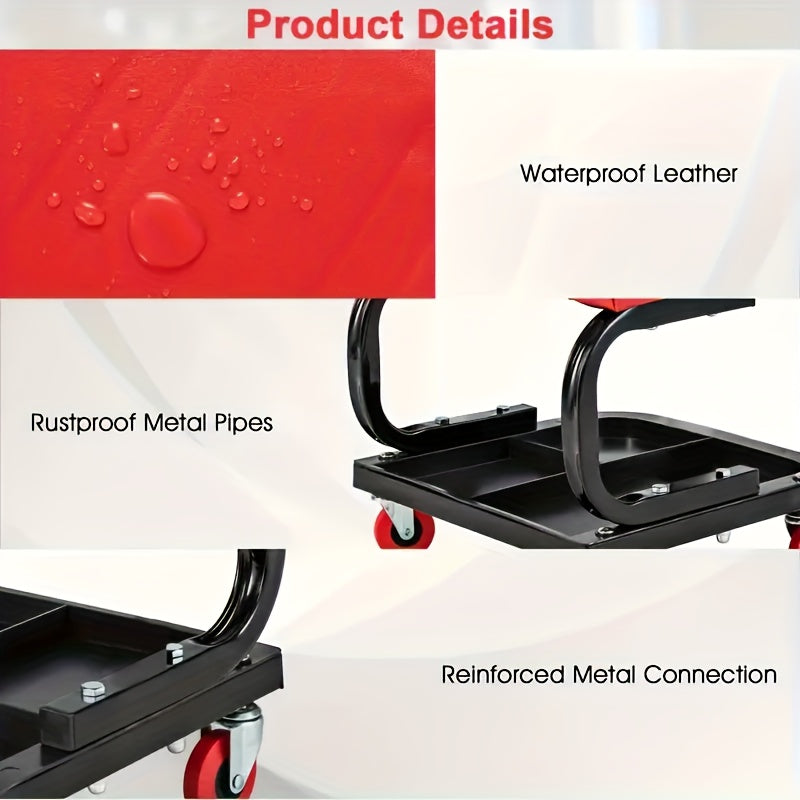 Heavy Duty Roll Crawling Stool with Padded Seats And Tool Pallet Storage - Adjustable Height, 4 Wheels Easy to Move, Red Cushion Comfortable, Great for Workshop, Car Repair And Mechanics
