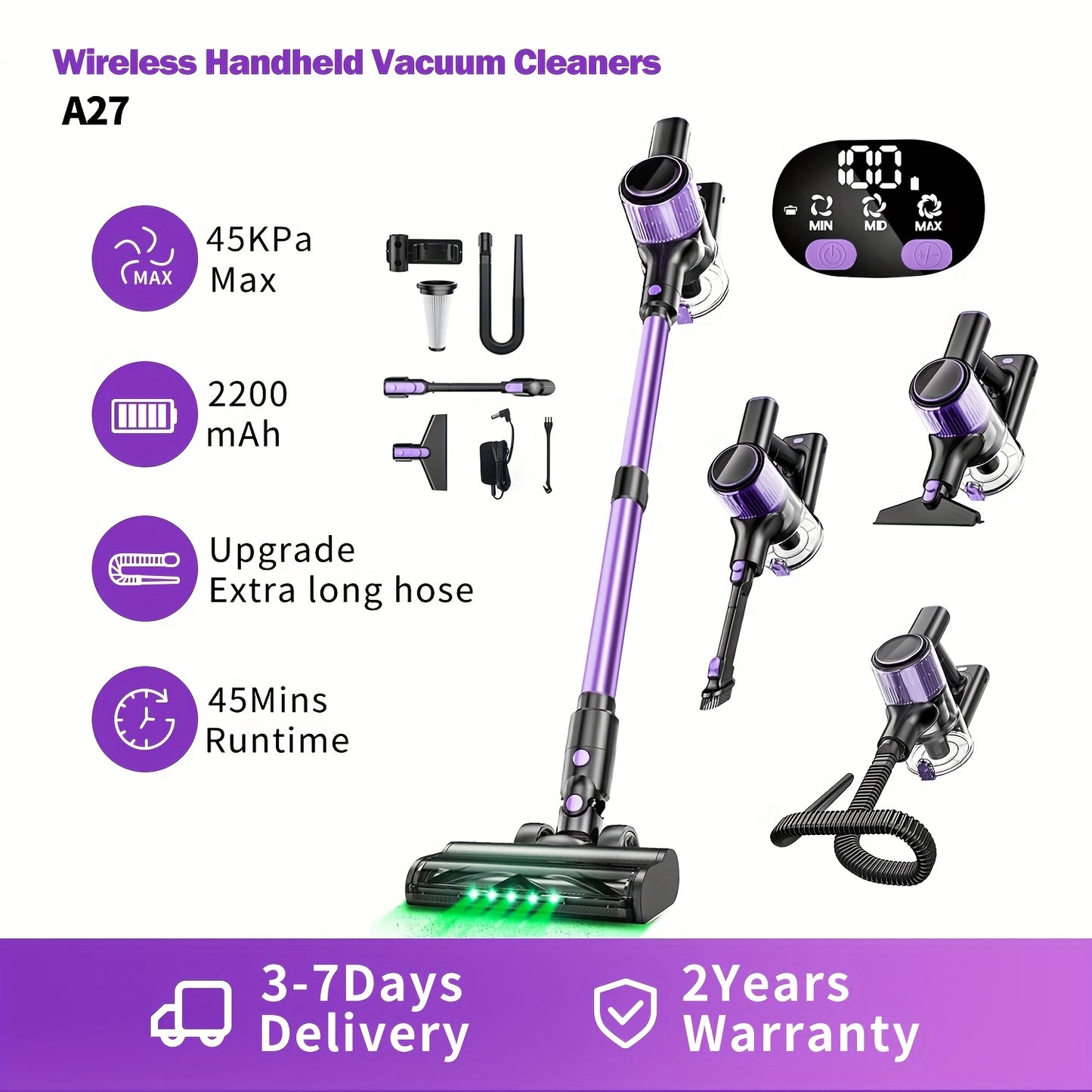 99.99% Filtration Cordless Vacuum Cleaner 10-in-1 – 45-Min Runtime, 7-Layer Filter, 1.5L Dust Cup, Extra-Long Hose, Anti-Tangle Brush, 3 Suction Modes, Green LED, Pet Hair Hard Floor Blanket | Canada