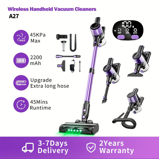 High Suction Power Home Cordless Vacuum Cleaner, 10-in-1 Lightweight Rechargeable Vacuum Cleaner, 3 Suction Modes, Long Battery Life, with Upgraded Extra-long Hose, Anti-tangle Brushes, Green LED Light for Hard Floors, Blankets And Pet Hair Cleaning.