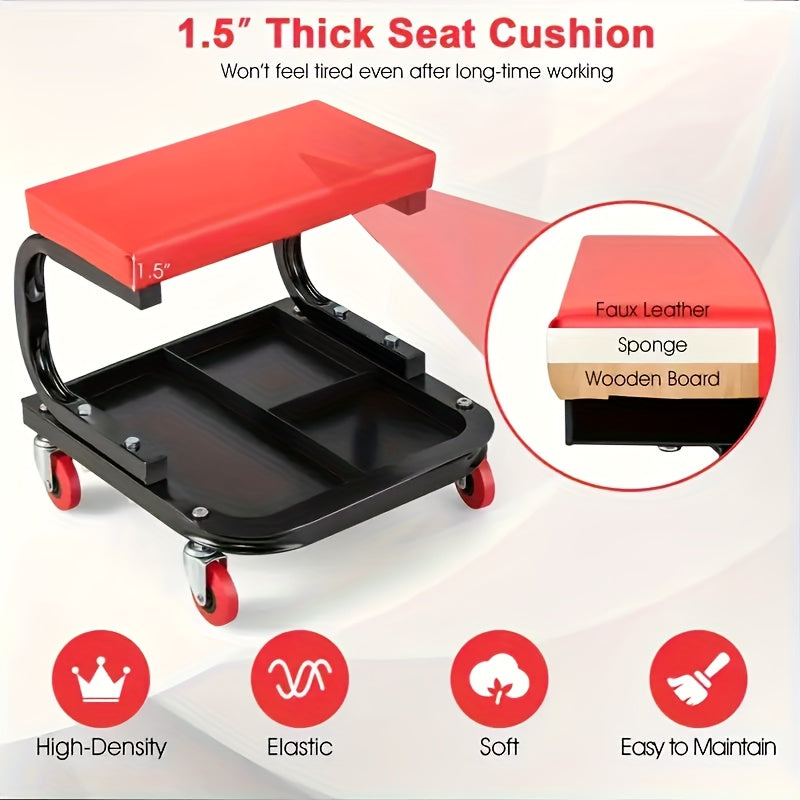 Heavy Duty Roll Crawling Stool with Padded Seats And Tool Pallet Storage - Adjustable Height, 4 Wheels Easy to Move, Red Cushion Comfortable, Great for Workshop, Car Repair And Mechanics