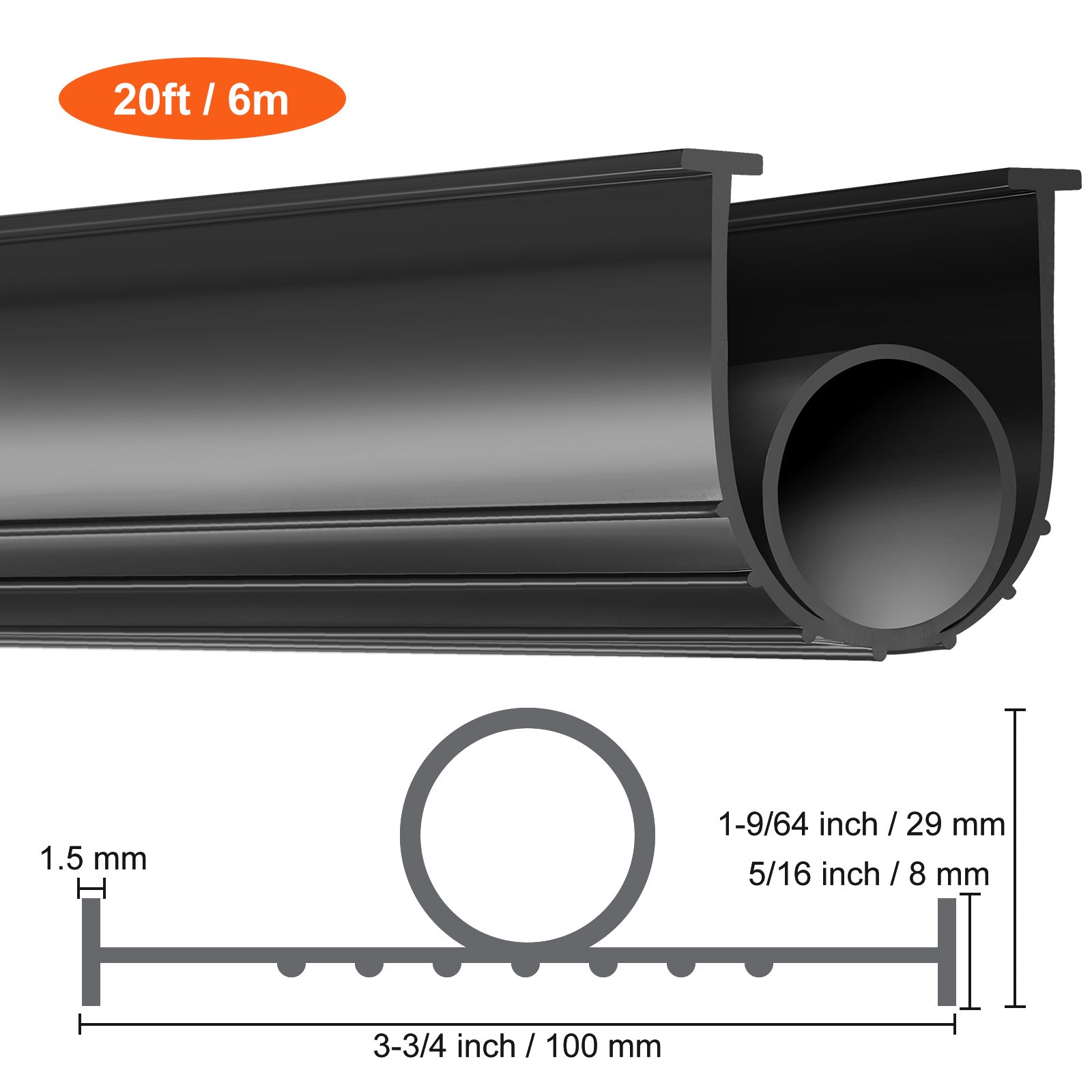 VEVOR Garage Door Seals Bottom, U Shape +O Ring Combination Garage Door Bottom Weather Seal, 10/16/20ft Weatherproofing Garage Door Seal, 5/16 inch T-ends and 3 3/4 inch Width, for Doors, Black