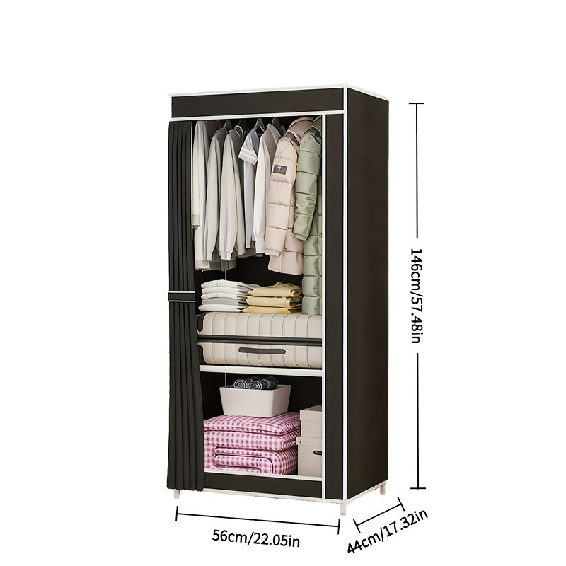 Slim Portable Wardrobe Closet with Curtain – Non-Woven Fabric, 2–6 Shelves & 2 Hanging Sections, Dustproof, Easy Assembly, Space-Saving Clothes Organizer for Bedroom & Apartment – Black & Grey