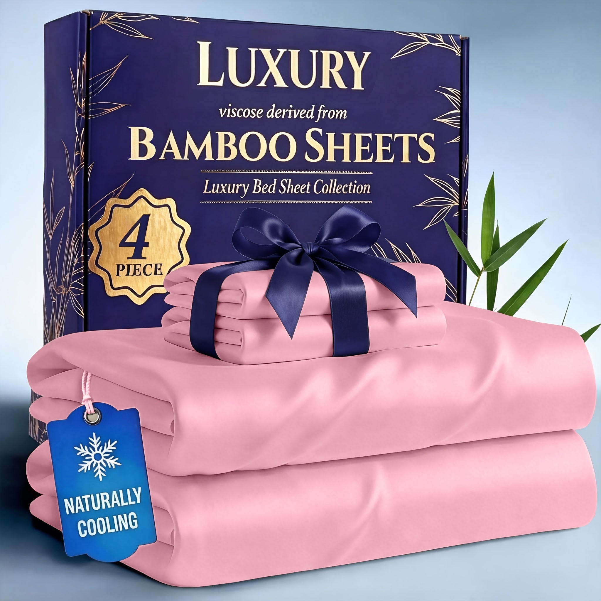 Bamboo Cooling Bed Sheets Set 4-Piece – Soft Lightweight Breathable Deep Pocket 16" Fitted Sheet for Hot Sleepers, Flat Sheet & 2 Pillowcases for Bedroom Kids Room