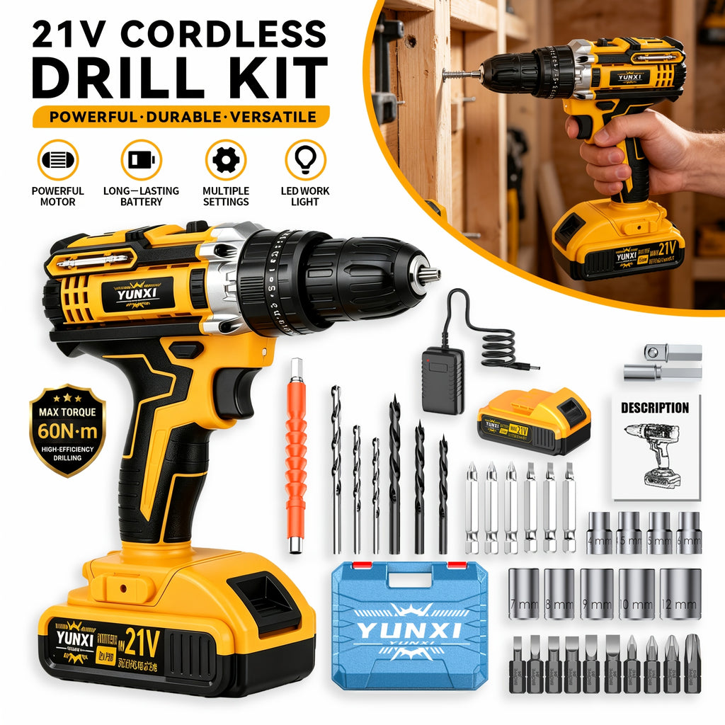 Drill Cordless Set, 21V Variable Speed Cordless Drill Driver with Fast Charger & Lithium-Ion Battery, Multifunctional Screwdriver with Drill Bits & Socket Accessories, Father's Day Gift for Home DIY & Auto Repair