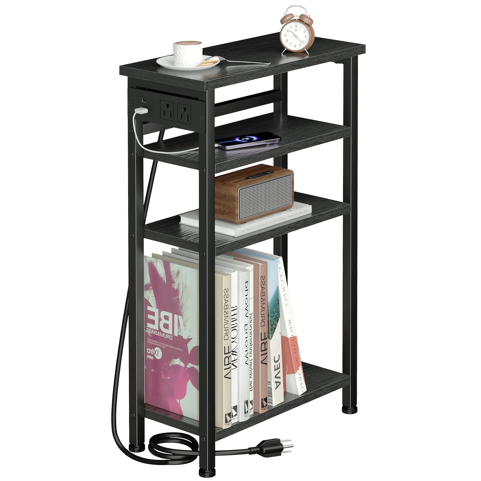 Narrow Side Table with Charging Station – 3 or 4 Tier, 2 USB + 2 Outlets, Small Space