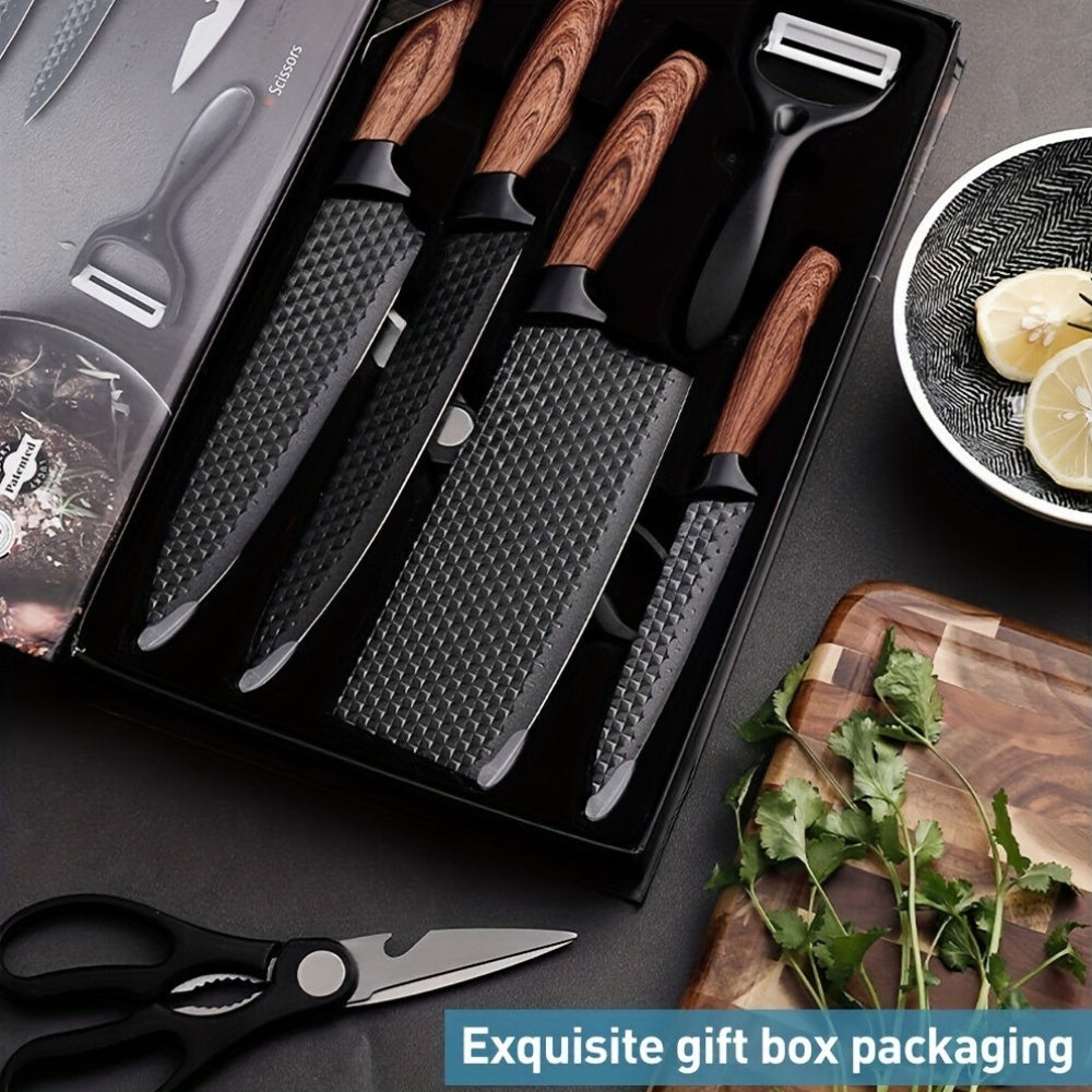 6pcs Professional Chef Knife Set with Elegant Wooden Handles - Ultra-Sharp Rust-Proof Stainless Steel, Ergonomic Design for Comfortable Cooking - Includes Chef Knife, Cleaver, Paring, Utility Knives, Scissors And Peeler