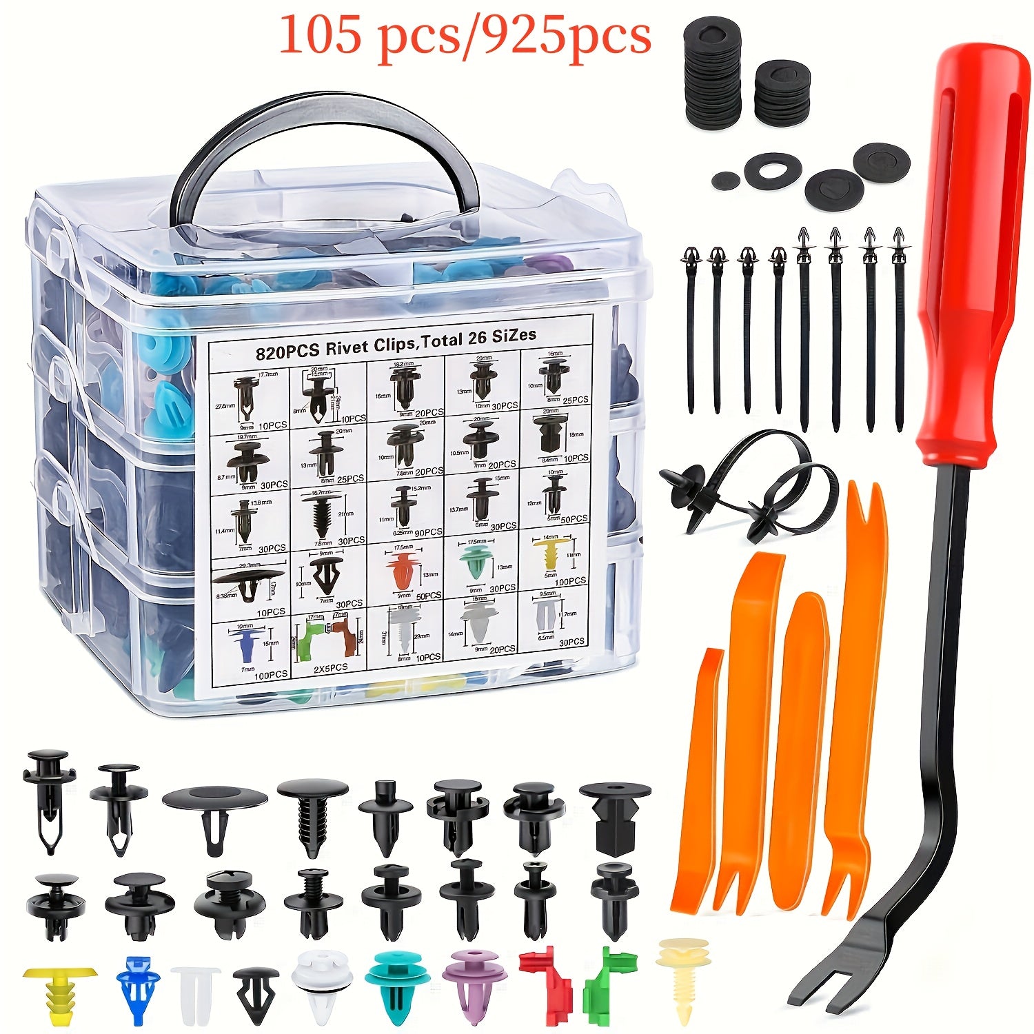 925/105pcs Car Decoration Clamp Set With Removal Tool - 26 Sizes Universal Car Body Rivets, Fasteners, And Clips For Bumpers, Doors, And Fenders - Car Plastic Rivet Kit With Fastener Removal Tool