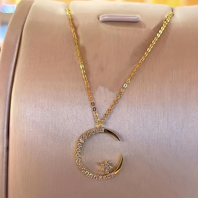 Star Moon Super Sparkling Exquisite Small Zirconia Eid'S Day Pendant Necklace, Easy Elegant Cute Versatile Daily Wear Clavicle Chain Jewelry