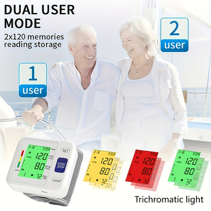 Wrist Blood Pressure Monitor with Tri-Color LCD Display – Adjustable Cuff, Heart Rate & Irregular Heartbeat Detection, 99 Memory, Dual User Mode, USB/Battery Powered