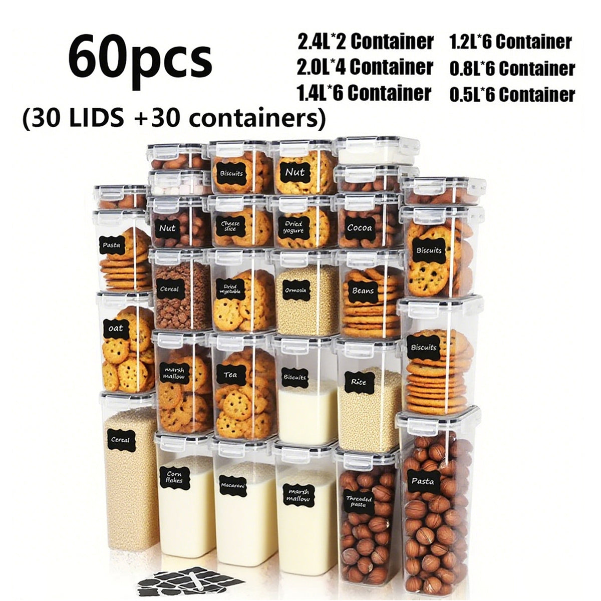 Pantry Food Storage Containers with Airtight Lids 14/18/30/60pcs – BPA Free Stackable Organizer Set for Rice Pasta Grains Tea Nuts Coffee Beans Flour & Sugar | ShopVora CA