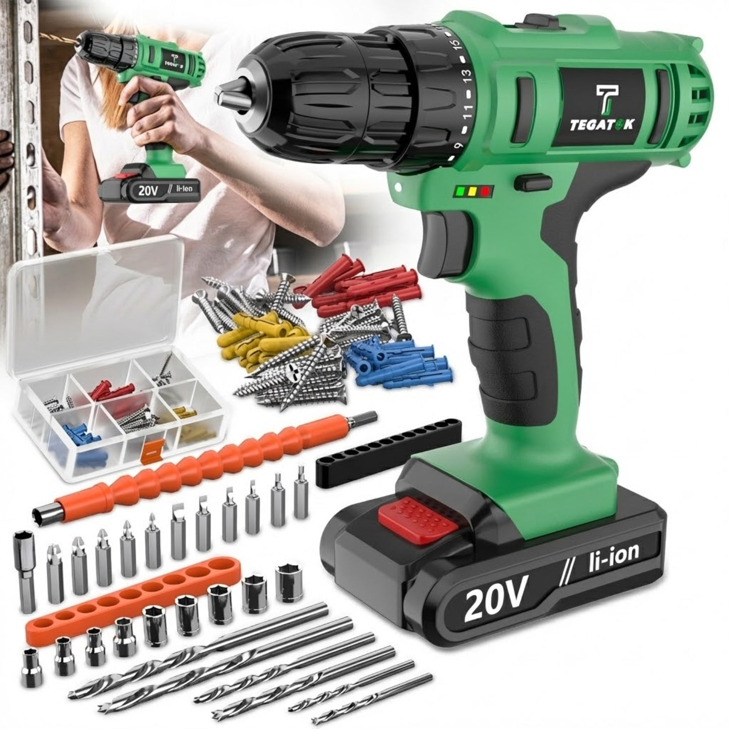 20V Cordless Impact Drill 35Nm Max Torque, 18+3 Torque Settings, 3/8" Keyless Chuck, Built-in LED Light, 2.0Ah Battery, Drills Concrete Walls Tightens Screws, Perfect Gift for DIY & Professionals