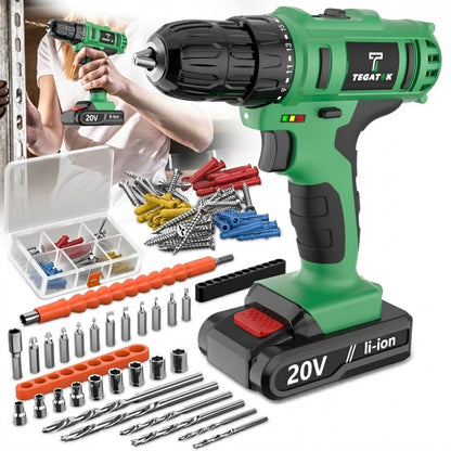 20V Cordless Impact Drill 35Nm Max Torque, 18+3 Torque Settings, 3/8" Keyless Chuck, Built-in LED Light, 2.0Ah Battery, Drills Concrete Walls Tightens Screws, Perfect Gift for DIY & Professionals