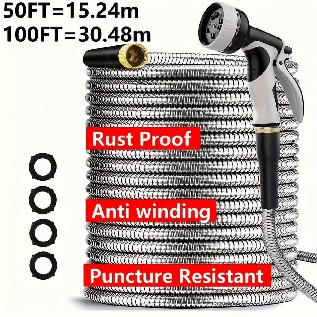 50Ft/ 100Ft Heavy-Duty Stainless Steel Garden Hose Ultra-Flexible, Puncture-Resistant Anti-Rust with 10-In-1 Nozzles Kink-Free 3/ 4" PVC Inner Layer All-Season Use