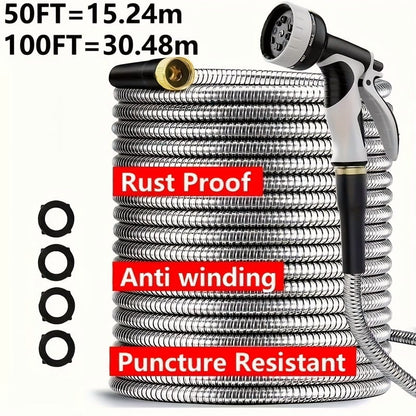 Stainless Steel Garden Hose 50ft/100ft Heavy Duty Kink-Free with 10-in-1 Nozzle – 304 Stainless Steel Flexible Puncture-Resistant Anti-Rust Hose, 3/4" PVC Inner Layer, All-Season Outdoor Use Canada