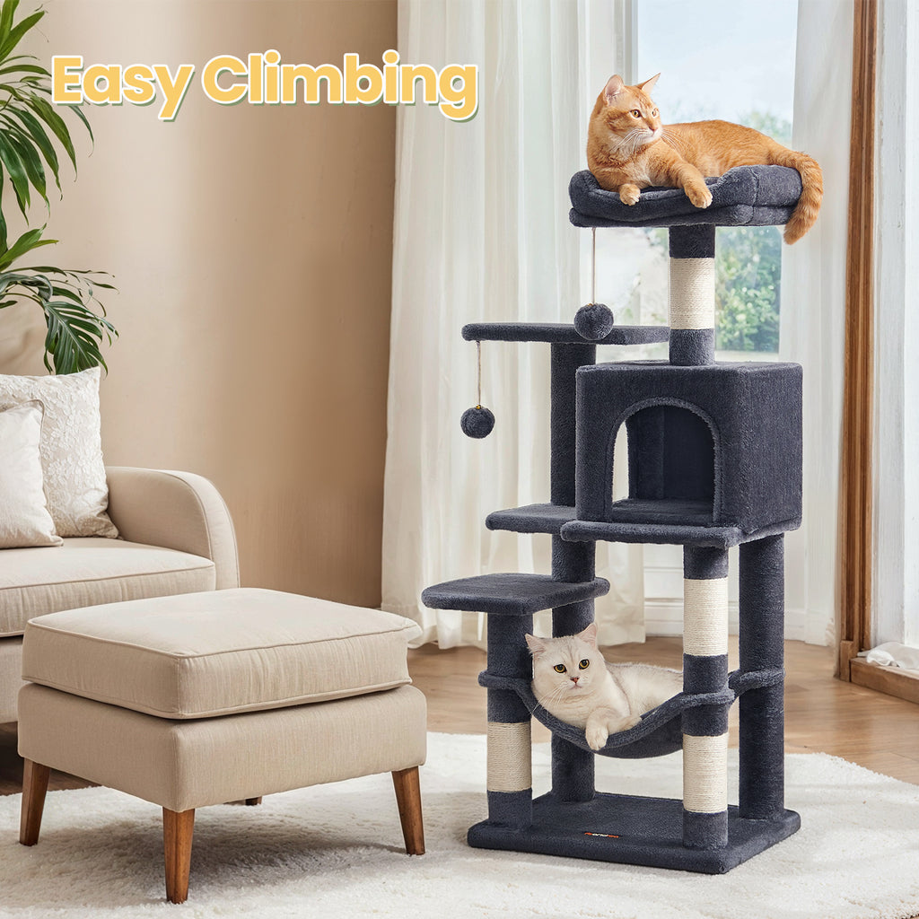 Cat Tree, 44.1-Inch Cat Tower for Indoor Cats, Multi-Level Cat Condo with Scratching Posts, Perches, Hammock and Cave, Smoky Gray