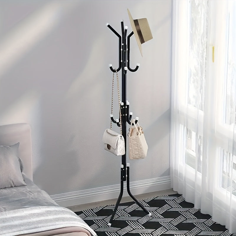 Black Freestanding Coat Rack with 9 Hooks – Adjustable Metal & Plastic Garment Organizer for Office, Dressing Room, Bedroom, Classroom, Living Room, Bathroom, Hallway – Easy Assembly, Entryway Organizer | Minimalist Design | Durable Construction, Clothes