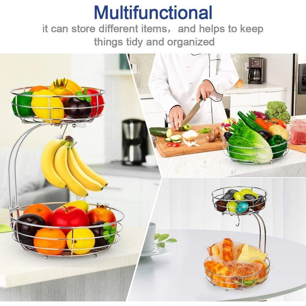 Tier Countertop Fruit Vegetables Basket Bowl Storage With Banana Hanger, Chrome