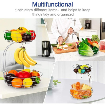 Tiered Fruit Basket Bowl with Banana Hanger – Countertop Fruit & Vegetable Storage, Chrome Wire Organizer, 3-Raised Feet, Classic Ironwork Kitchen Decor | ShopVora CA
