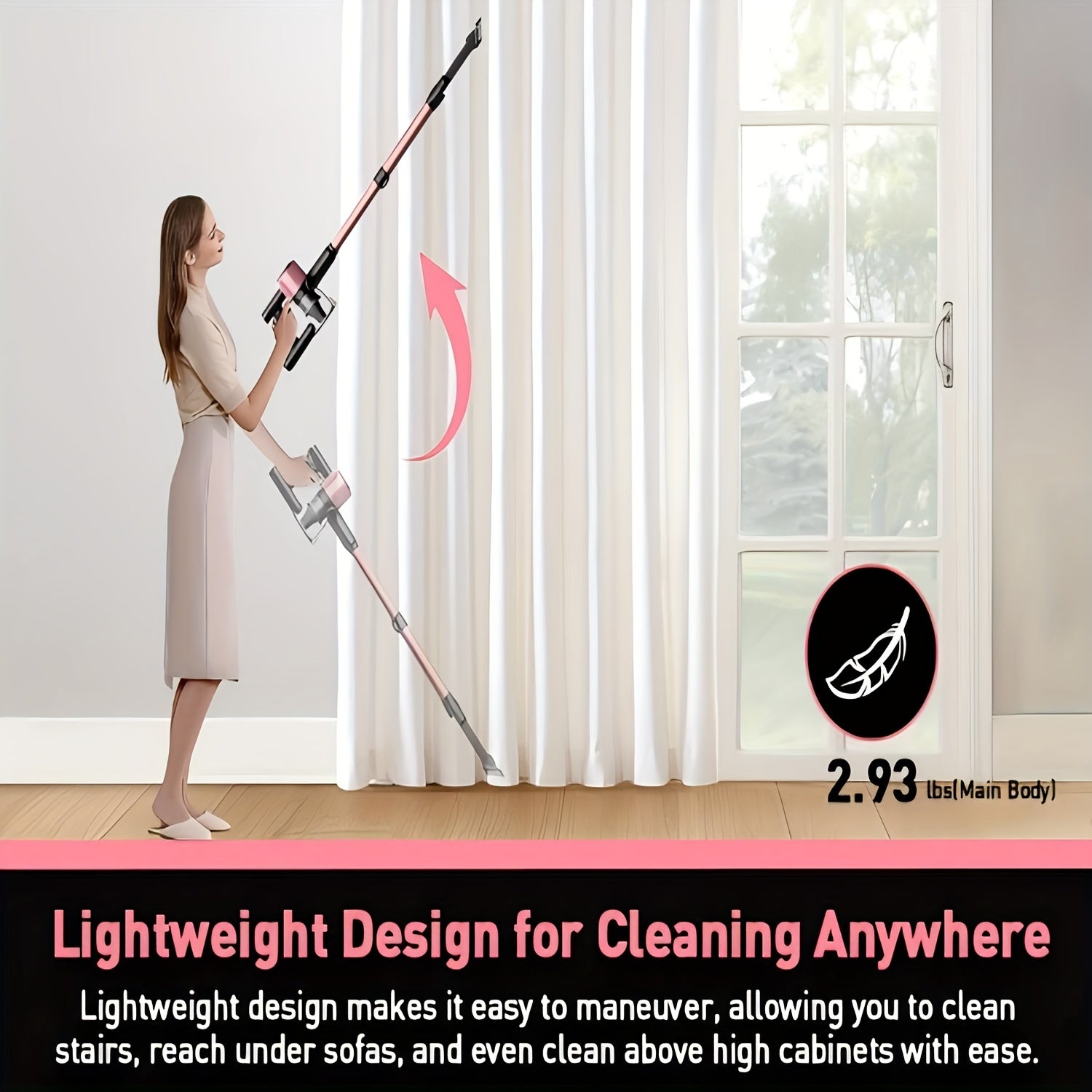 Cordless Vacuum Cleaner, 8-in-1 Lightweight Stick Vacuum Powerful Suction, 3 Suction Modes, LED Display, Anti-Tangle Vacuum Cleaner for Home, Hard Floor, Carpet, Pet Hair, Pink