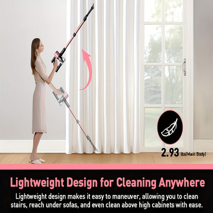 Cordless Vacuum Cleaner 8-in-1 Lightweight Stick Vacuum with LED Display – 3 Suction Modes Anti-Tangle for Hard Floor Carpet Pet Hair, Pink Wireless Home Vacuum