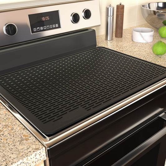 1pc Silicone Stove Top Cover Mat, Heat Resistant Glass Cooktop Protector, Flat RV Range Stovetop Cover, Extra Large Dish Drying Mat for Kitchen, 28"X20" - BLACK