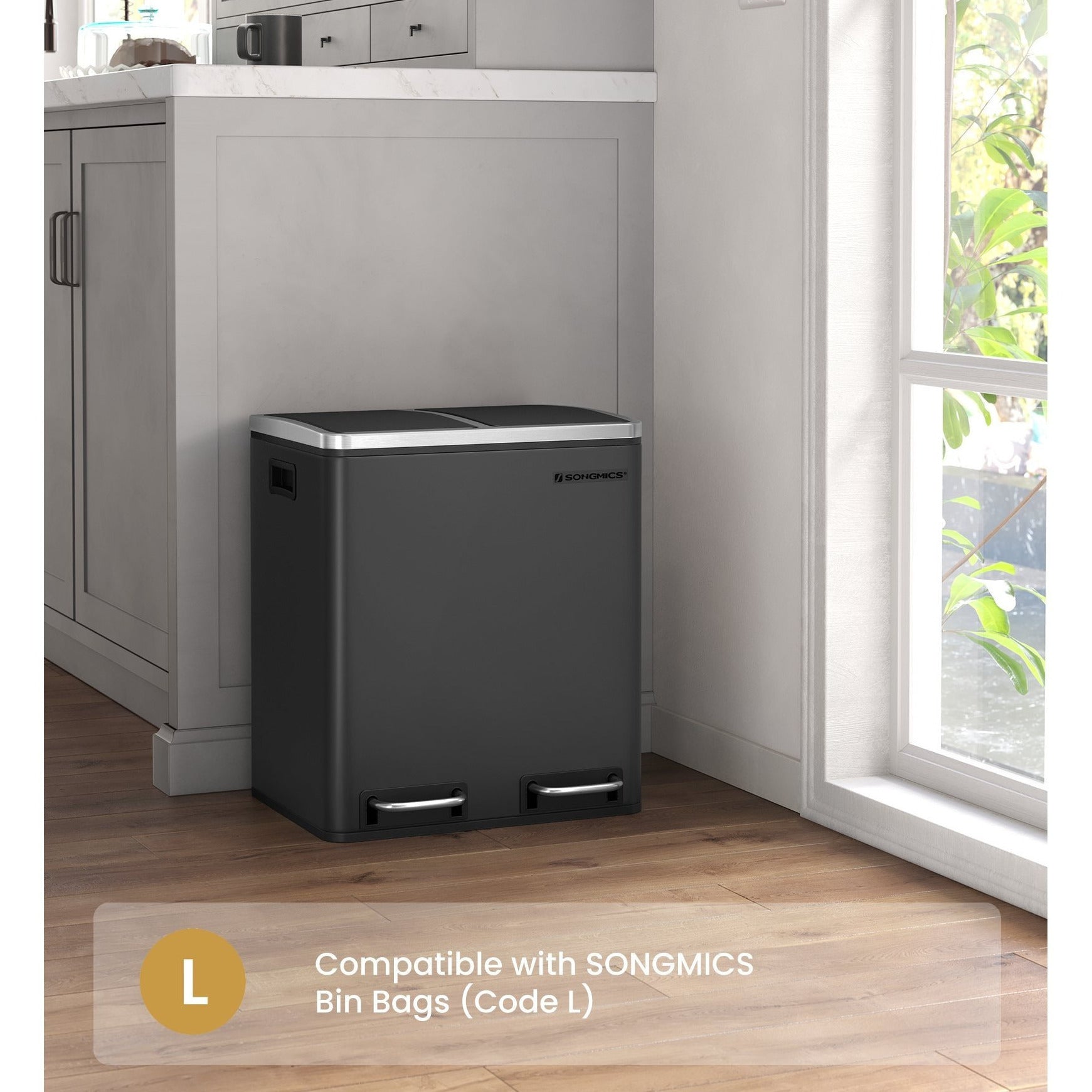 Dual Compartment Stainless Steel Recycling Trash Can – 2 x 4 Gallon (2 x 15L) Kitchen Recycle Bin with Soft-Close Lids, Foot Pedals & Removable Inner Buckets – Fingerprint-Resistant Silver