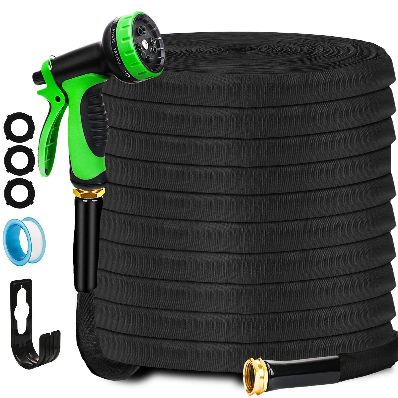 Non-Expandable Garden Hose | Commercial Grade Flexible Water Hose with 10-Function Nozzle And 3/4" Aluminum Fittings | Includes 3 Gaskets, Hook, Straight Gun Heads, And PTFE Tape, Kink-Free, Leakproof, Lightweight for Yard, Lawn, RV, Boat, Camping