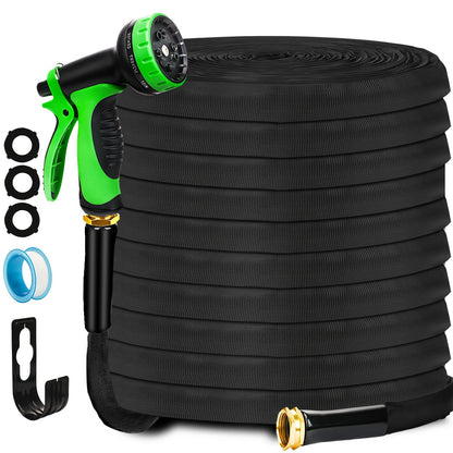 Commercial Grade Flexible Garden Hose Kink-Free with 10-Function Nozzle & 3/4" Aluminum Fittings - Leakproof Lightweight Water Hose for Yard, Lawn, RV, Boat & Camping, Includes Gaskets & PTFE Tape