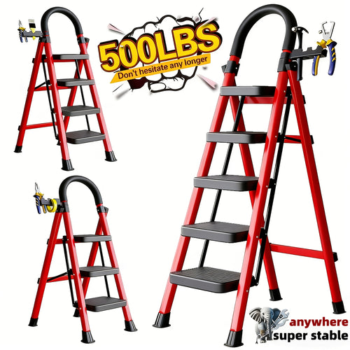 500 Lbs Folding Step Ladder – 3/4/5 Step Heavy-Duty Steel, Anti-Slip Wide Treads, Handrails & Safety Lock, Portable Multi-Use Step Stool for Home, Kitchen & Workshop