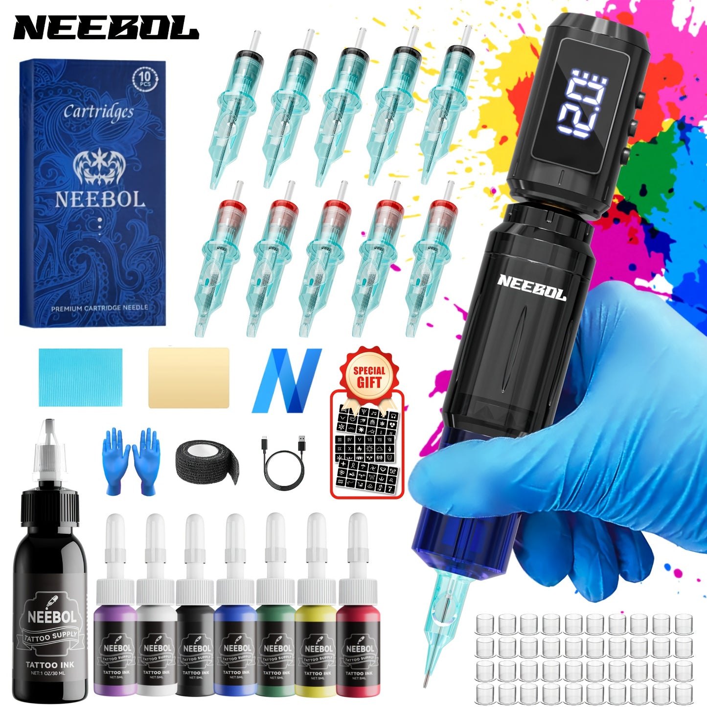 Wireless Tattoo Machine Kit for Beginners & Artists – Rotary Cordless Tattoo Pen Gun with 1500mAh Battery, 10 Cartridge Needles, 7 Inks & Extra Black Ink – Complete Body Art Tattoo Supply Set