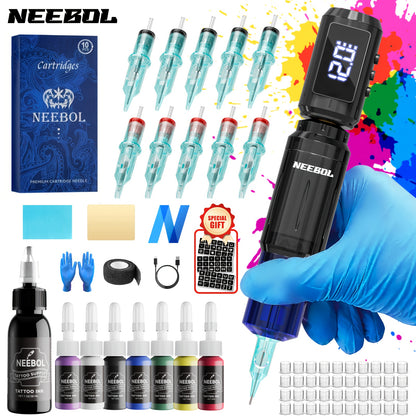 Wireless Tattoo Machine Kit for Beginners & Artists – Rotary Cordless Tattoo Pen Gun with 1500mAh Battery, 10 Cartridge Needles, 7 Inks & Extra Black Ink – Complete Body Art Tattoo Supply Set