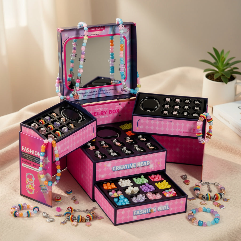 Pink/ Blue Princess DIY Beaded Jewelry Set with Categorized Jewelry Box, Mirror, Bracelets & Necklaces, Toy Gifts for Girls Kids Ages 3+