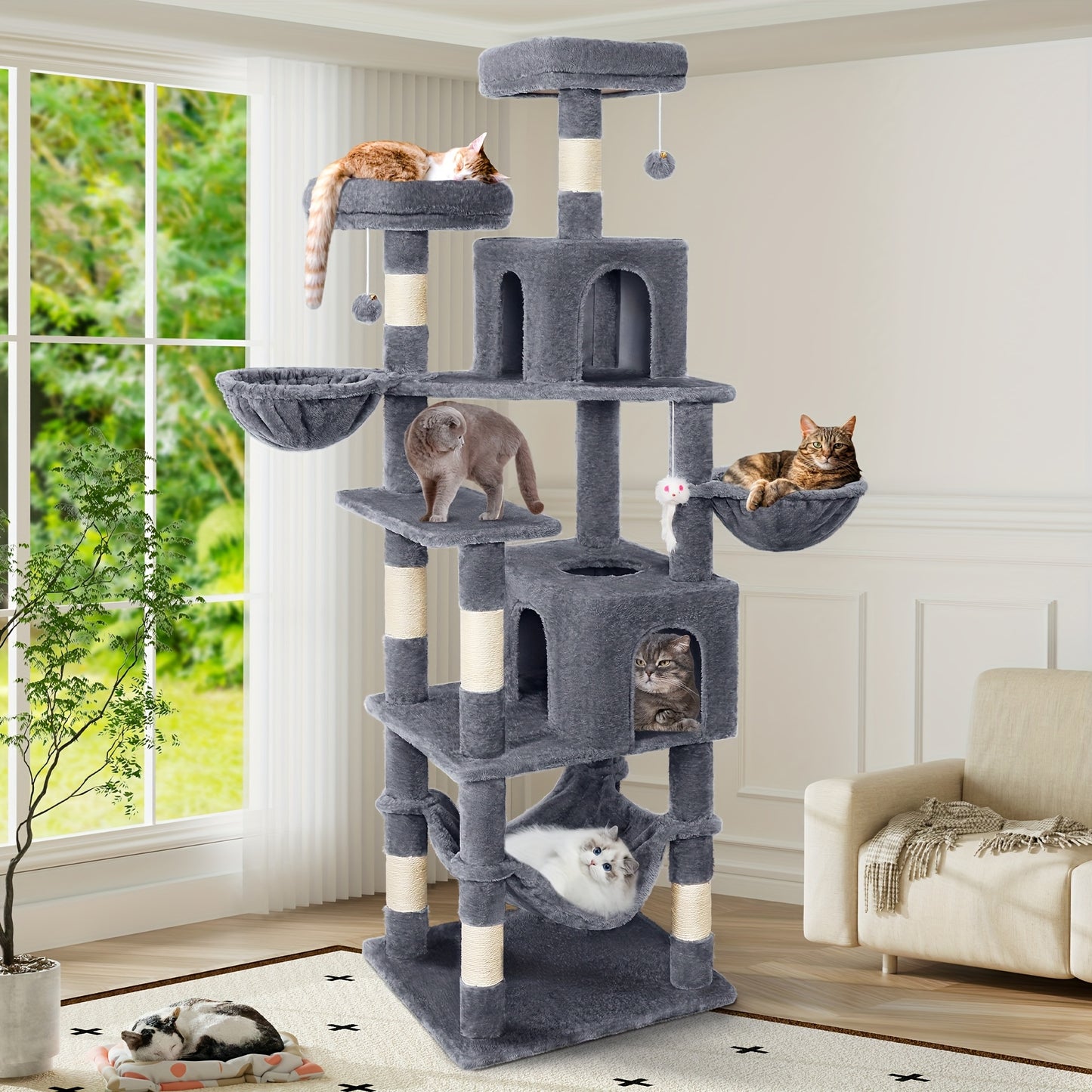 Large Cat Tree Tower 71–84 Inch – Multi-Level Cat Condo with Scratching Posts, 2 Perches, 2 Cat Houses & Dangling Toy for Large Indoor Cats