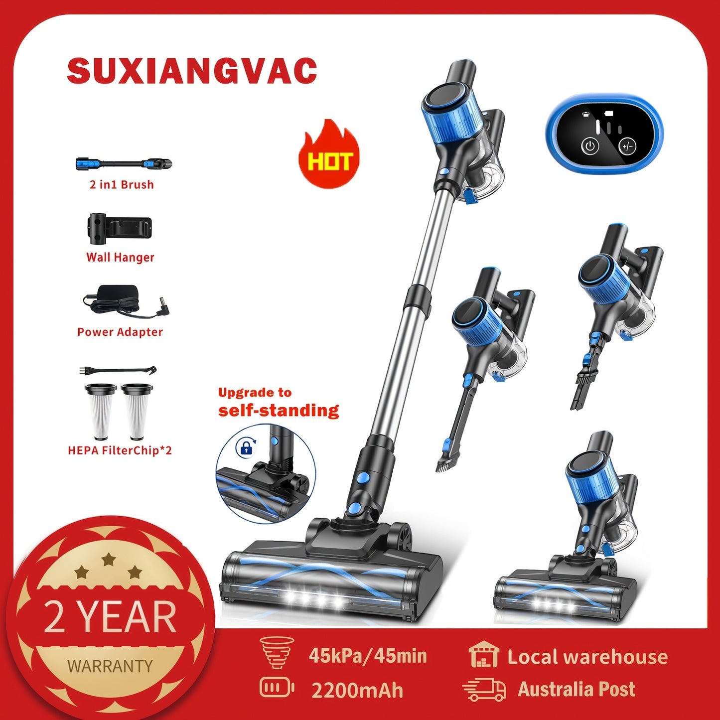 Anti-Tangle Cordless Stick Vacuum Cleaner 8-in-1 Blue – Lightweight, 3 Suction Modes, LED Display, Powerful Suction for Home Hard Floor Carpet Pet Hair | Canada