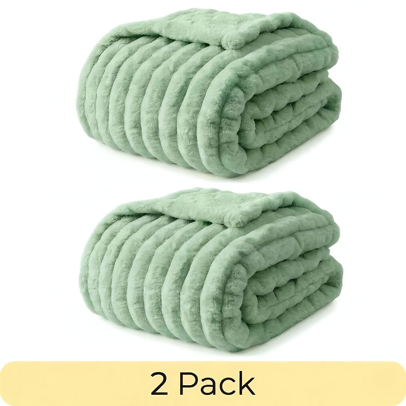 Faux Fur Rabbit Blanket Set of 2 – 260GSM Striped Luxury Plush Throw, OEKO-TEX Certified, Machine Washable, Cozy Sofa & Bed Blanket for Women & Men, Multiple Colours