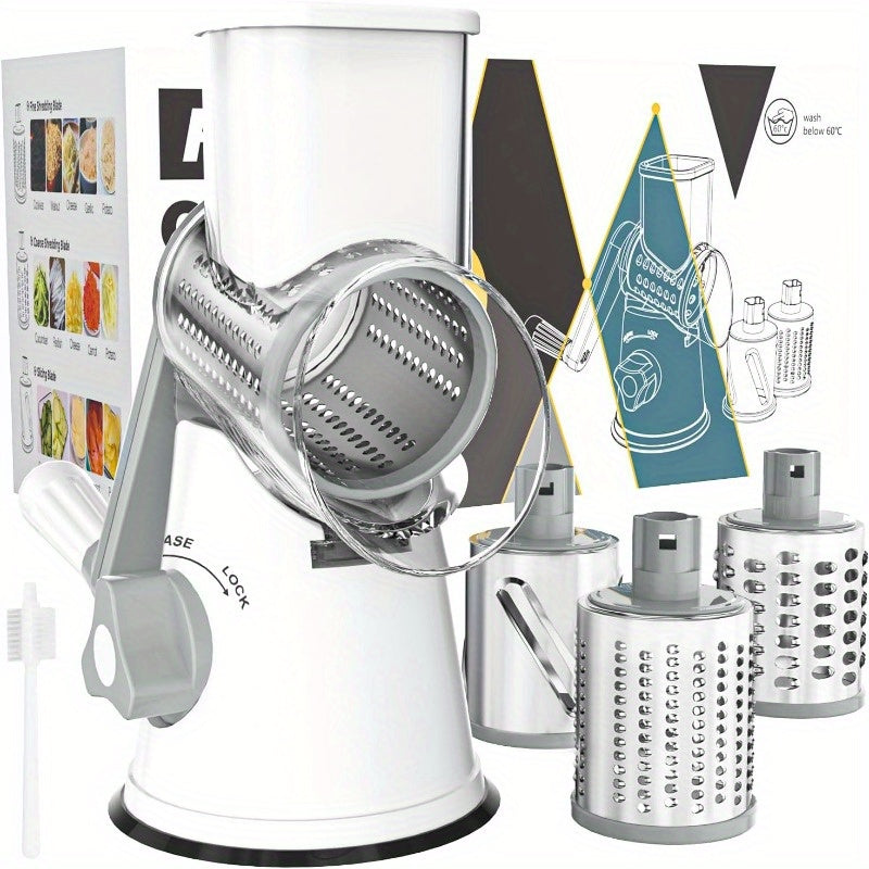 Rotary Cheese Grater Hand Crank Shredder with 3 Interchangeable Blades – Non-Slip Suction Base for Cheese, Vegetables & Nuts, Includes Cleaning Brush, Red