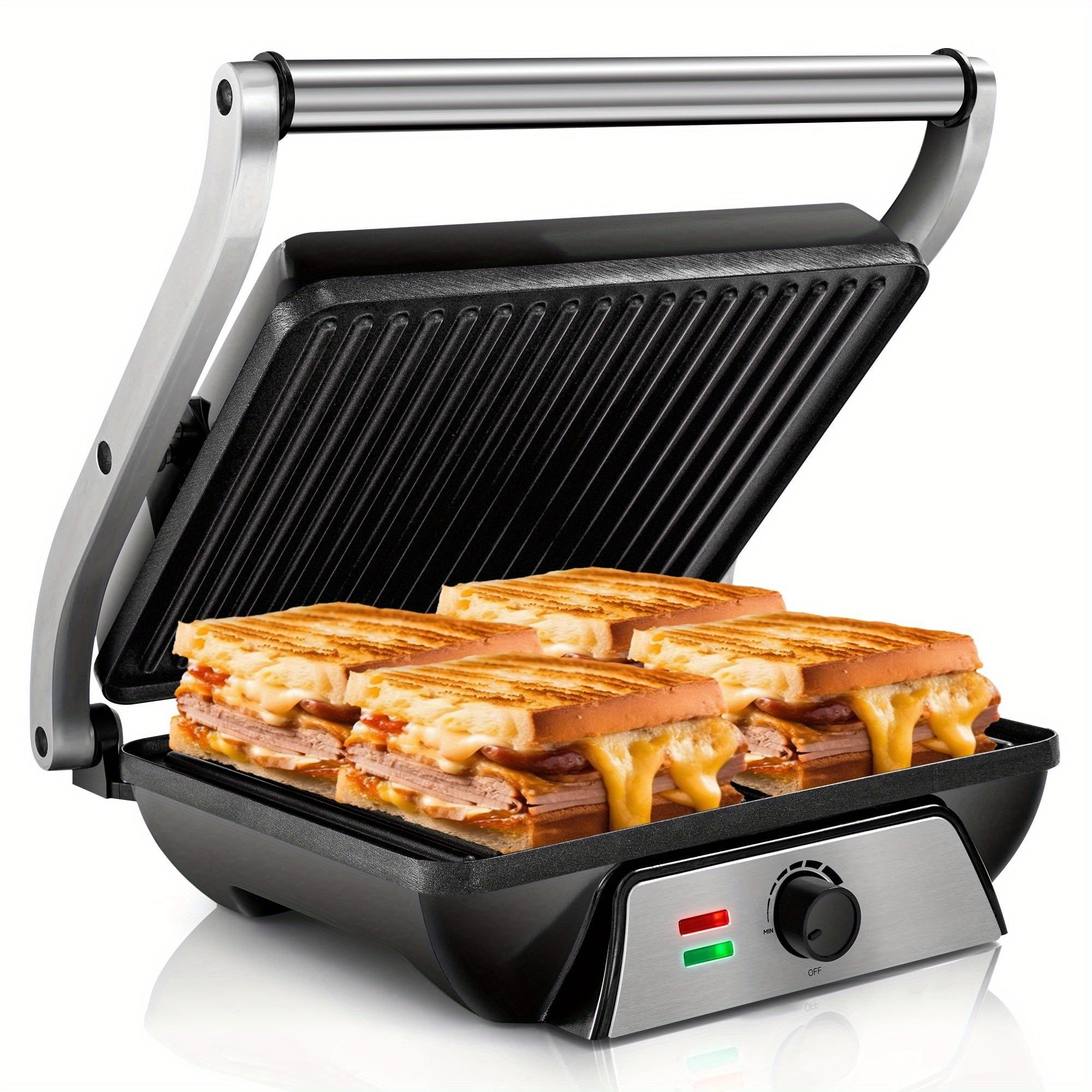Electric Contact Grill 3-in-1 Indoor Panini Press & Sandwich Maker with Non-Stick Stainless Steel Plates, 180° Opening, Floating Hinge, Grease Tray & Preheat Indicator – Compact Countertop Grill for Burgers, Steaks & Wraps