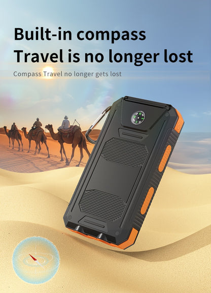 20000mAh Solar Power Bank for Camping, Dual USB Ports, LED Flashlight & Compass – Portable Solar Phone Charger External Battery for Outdoor Activities, Hiking & Emergency
