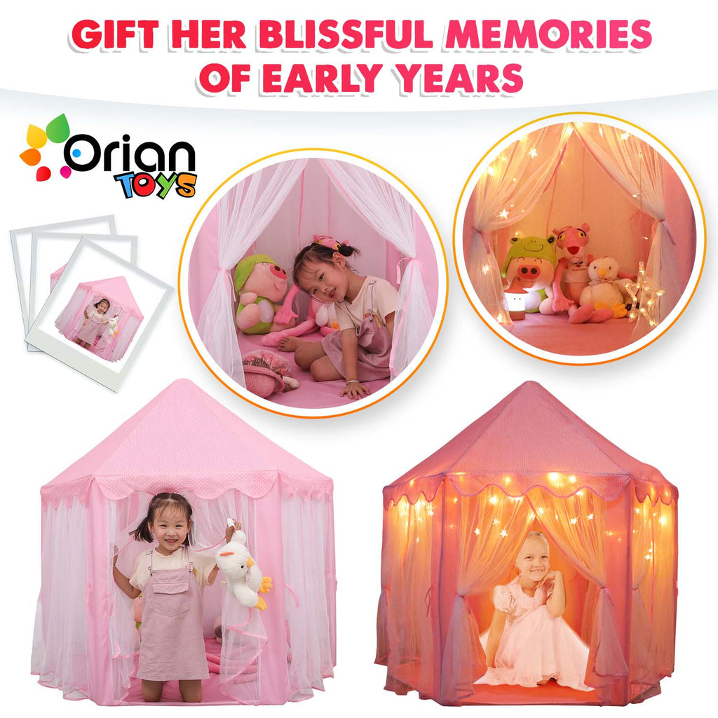 Princess Castle Play Tent with Star-LED Lights – Large Pink Indoor & Outdoor Kids Playhouse, Easy-Setup Fairy Castle for Birthday & Christmas Gifts