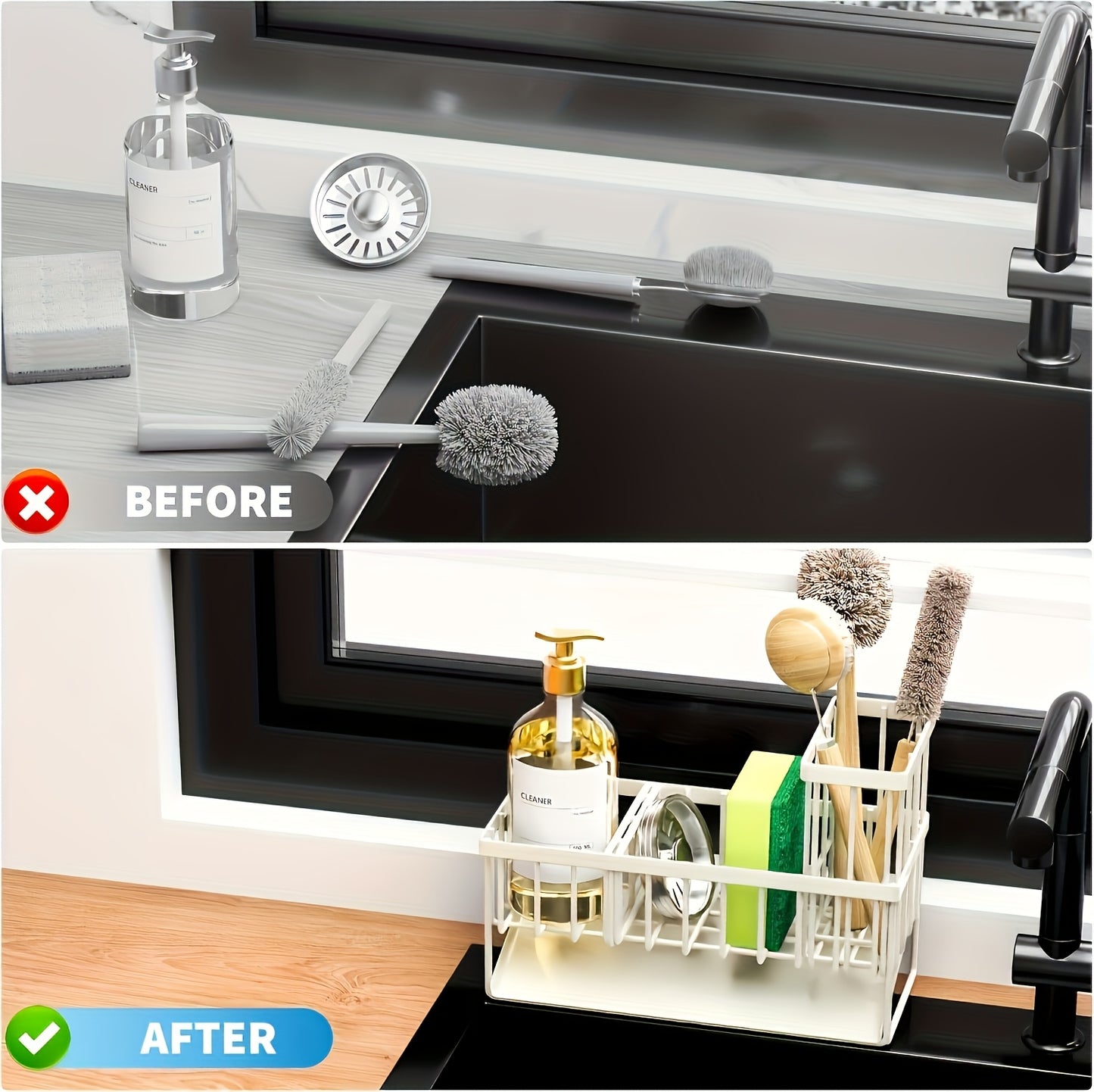 Carbon Steel Sink Caddy with Drain Tray & Divider – Heavy Duty Black Kitchen Sink Organizer, Rust Resistant Sponge Holder, Brush Holder & Countertop Rack for Kitchen Storage