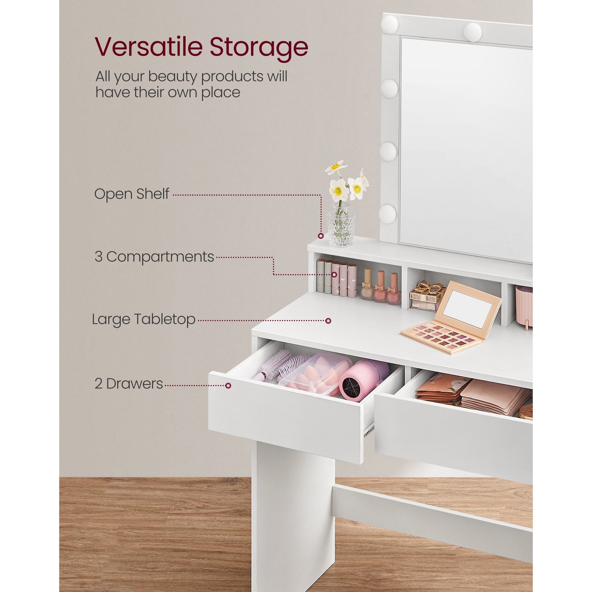Vanity Desk with Mirror, Makeup Vanity Table with Lights, Adjustable Brightness, 31.5-Inch Wide Makeup Desk with 2 Drawers, 3 Storage Compartments, for Bedroom, Modern, White